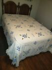 Vtg CHENILLE Bedspread White Blue Green Floral Fringe 66 x 100 Coverlette 422