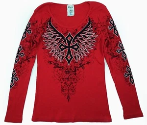 Damen-T-Shirt Lokal Strass gerippt groß rot eisernes Kreuz Biker Langarm L - Bild 1 von 11