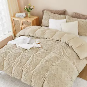 Beige Flannel Duvet Cover King Fluffy Soft Fleece Faux Fur Comforter Cover Set - Picture 1 of 11