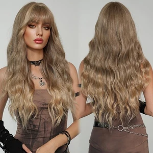 Ash Blonde Ombre Platinum Wigs With Bangs Long Wavy Wig For Women 28 Inches R... - Picture 1 of 6