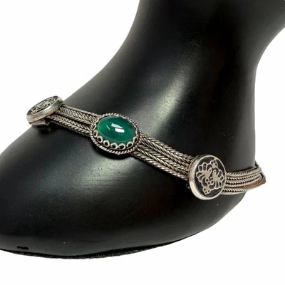 Pulsera de Colección Plata de Ley Verde Ónix Floral Medallones Triple Cadena de Trigo Foto 1 de 4