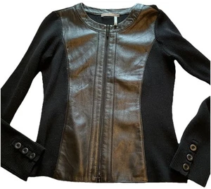 classiques entier Black Leather & Merino Wool Ribbed Zip Cardigan Sweater Sz MP - Picture 1 of 15