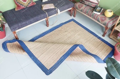 Eco Freindly Rug, Beige Rectangle Jute Rug With Light Blue Border For Home Decor - Image 1 of 4