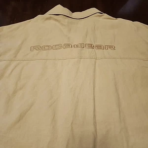 Vintage Y2K Rocawear Embroidered Linen Blend Khaki Shirt Work Pockets Mens XL  - Picture 1 of 15
