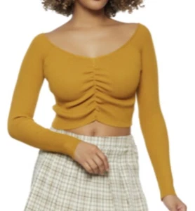 Women S = Junior L Ruched Rib Knit Stretch Sexy Long Sleeve Crop Top - MUSTARD - Picture 1 of 10
