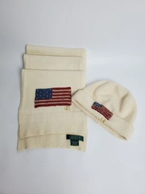 Ralph Lauren Bandera Conjunto Sombrero y Bufanda 2 Piezas Lana Raro De Colección Foto 1 de 4