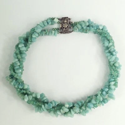 Винтажный серебро аквамарин и стекло торсада ожерелье цветок коробка застежка - Изображение 1 из 4