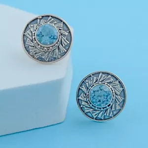Round Blue Topaz Cufflinks 925 Sterling Silver Men's Gift Jewelry Real Gemstone - Picture 1 of 6