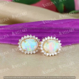 3.40 Ct Simulated Fire Opal Women's Pretty Stud Earrings 925 Silver Gold Plated - Picture 1 of 10