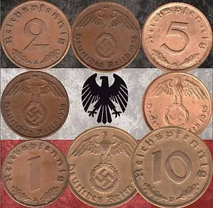 Juego de monedas alemanas 1, 2, 5 y 10 Reichspfennig 1937-1939 Segunda Guerra Mundial (#X111) - Imagen 1 de 2