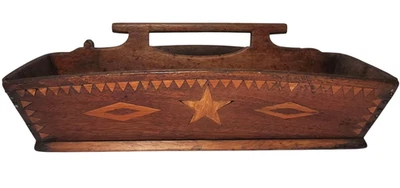 19TH C AMERICAN FOLK ART ANTIQUE PRMTV KNIFE TRAY W/INLAID LEAVES, STAR, DIAMOND - Image 1 of 4