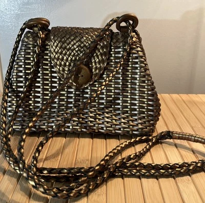 Bolsa tiracolo CEM tecido couro Intrecciato Nodini ouro metálico - Imagem 1 de 4