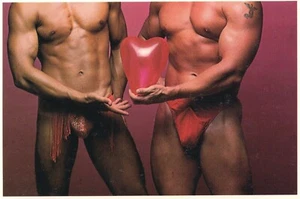 Gay Valentines post card 1981 VTG Sexy Men & Heart Balloon Beefcakes A.P.C.C. - Picture 1 of 2