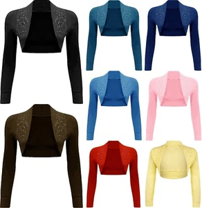 Womens Long Sleeve Beaded Sequin Bolero Shrug Collar Short Crop Bolero Cardigan - Picture 1 of 9
