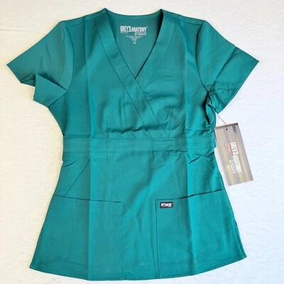 New Greys Anatomy Riley Scrub Top XS Hunter Green V Neck Mock Wrap 3 Pocket 4153 - Image 1 of 4