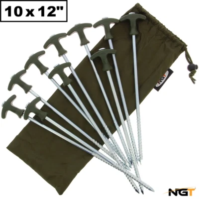 10 x NGT Heavy Duty 12" Bivvy Pegs With Case Carp Fishing Camping Tent Brolly - Image 1 of 4