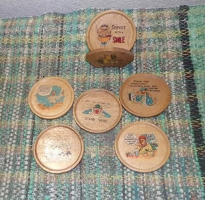 Vintage 1950's Set 6 Wooden Coasters w/ Rack Holder Funny Humor Comic Sayings - Picture 1 of 9