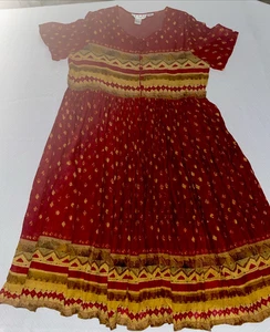 Vtg Just Class Long Dress Womens Red Gold Floral Chevron Boho Cotton India L - Picture 1 of 6