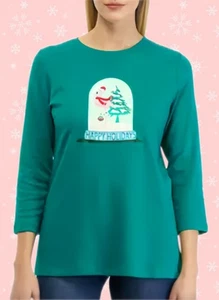 Kim Rogers Holiday🦩 Pink Flamingo Schneekugel 3/4 Ärmel grün T-Shirt Neu mit Etikett - Bild 1 von 5