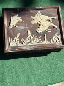 Vintage Incolay Stone Trinket Box Sardonyx Brown Stone Deplicting Mallard Ducks - Picture 1 of 7
