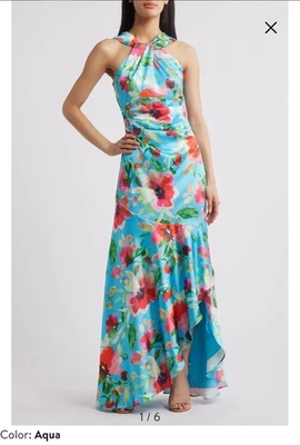 Maxi Vestido Eliza J, Estampado Floral, Cuello Torcido Asimétrico, Azul Multi, Mujer Talla 4 Foto 1 de 4