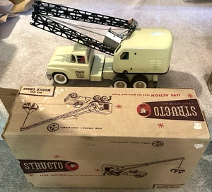 Vtg 1960s Stucto Yellow Pressed Steel Mobile Crane Truck Orig Box Excellent Cond - Foto 1 di 16