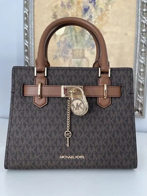 NWT Michael Kors Hamilton Kay Lock Leather Small Satchel Crossbody Signature MK - Image 1 of 4