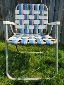 Vintage Folding Aluminum Lawn Chair White, Blue, Pink & Yellow Webbed Chair. - Picture 1 of 11