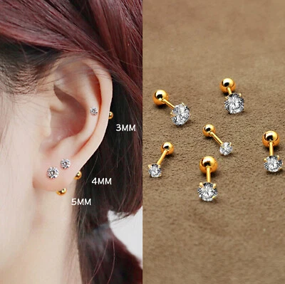 Round CZ Crystal Screw Back Stud Earrings Womens Girls 316L Surgical Steel 2-6mm - Image 1 of 4