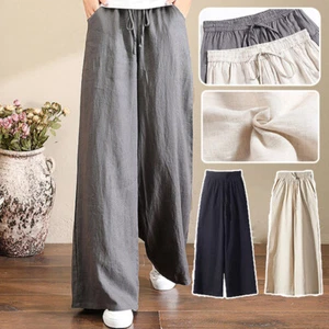 Womens Loose Cotton Linen Wide Leg Pants Ladies Summer Holiday Pockets Trousers - Picture 1 of 20
