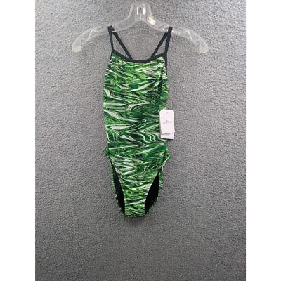 NWT Dolfin Reliance Women's sz 30 Jet Stream Green V-Back One Piece Swimsuit Foto 1 de 4