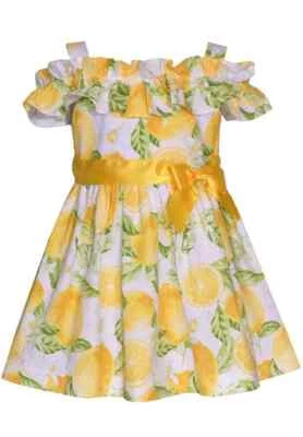 NWT Bonnie Jean Girls 14 Lemon Print Bow Ruffle Poplin Cold Shoulder Dress - Image 1 of 2