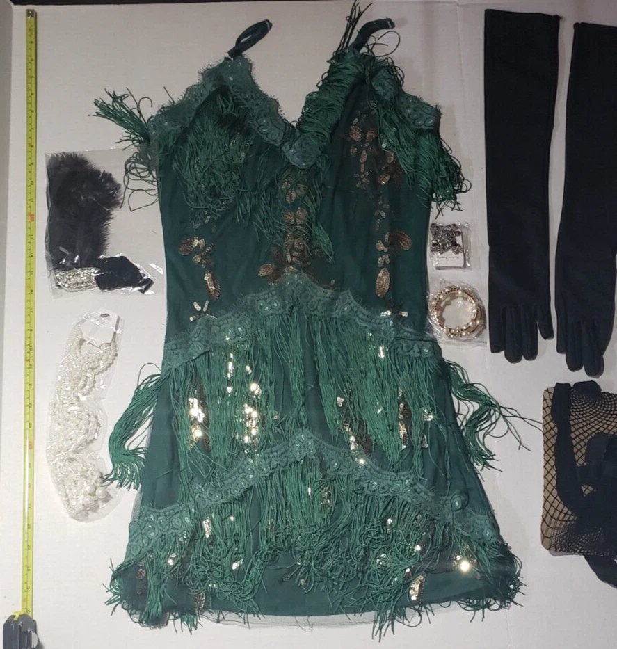 Vestido para mujer pequeño verde dorado lentejuelas flecos aleta joyas y accesorios años 20 Foto 1 de 4