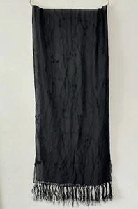 J&X NY Black Silk Chiffon Sheer Scarf Tassels Fringe Wrap Lagenlook Whimsigoth - Picture 1 of 9