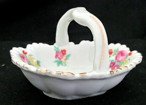 Vintage Hand Painted Porcelain Basket Trinket Dish Crafted in Japan Floral/Stars Cover