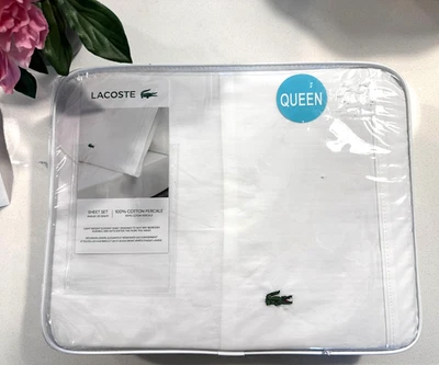 Lacoste Queen Sheet Set 100% Cotton Percale Iced Mint Green Logo 4 Piece Set - Image 1 of 4