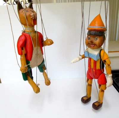 ¡2 marionetas marionetas vintage de madera talladas a mano de 16” Pinnocho y 14” gato Tailandia! Foto 1 de 4