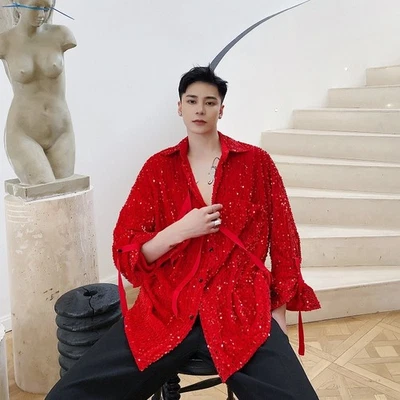 Men Sequined Velvet Button Shirts Long Sleeve Strap Shiny Nightclub Performance - Image 1 of 4