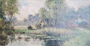 original Ölgemälde auf Leinwand / Signiert "v Well" - Auenlandschaft 80 x 40 cm - Bild 1 von 5