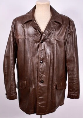 Jaqueta de couro marrom vintage masculina década de 1970 com forro tamanho 46 XL 70s trench car coat - Imagem 1 de 4