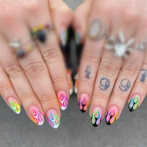 Short Almond Press-On Fake Nail Fashionable Colorful Flame Glossy Manicure 24pcs - Picture 1 of 6