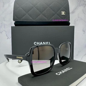 New CHANEL Sunglasses Black Polarized Square Gold Logo Authentic Italy Acetate - Picture 1 of 21