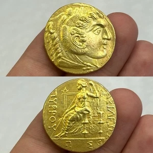Moneta antica greca macedone placcata oro non ricercata di Alessandro Magno - Foto 1 di 9