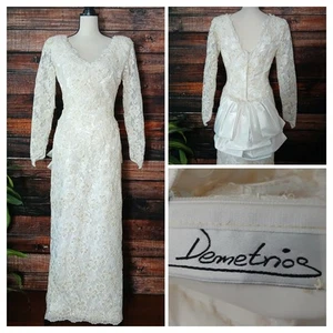 Demetrios Vintage 1980s Wedding Dress Gown Ivory Beaded Sequin Lace Mesh Bow USA - Picture 1 of 22