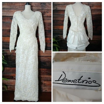 Demetrios 1980s Wedding Dress Gown Ivory Beaded Sequin Lace Mesh Bow USA Vintage - Image 1 of 4
