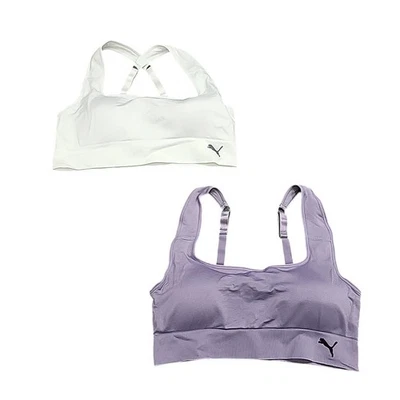 Conjunto de 2 sutiãs esportivos femininos Puma sem costura sem fio tamanho X-grande roxo branco - Imagem 1 de 4