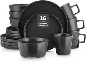 Celina Stoneware 16 Piece Dinnerware Set, Plates and Bowls, Black Matte Dish, Se - Picture 1 of 9