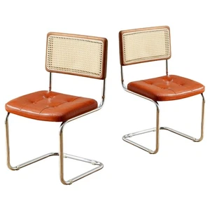 Freischwinger 2er-Set, Rattan Esszimmerstühle mit Ledersitz, Retro Design - Bild 1 von 7
