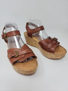 Born Brissa Sandals Womens EU 42 US 10 Brown Leather Cork Wedge Heels Buckle - Picture 1 of 13
