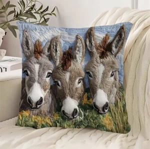 🇬🇧Velvety Feeling Cushion Cover 2D Faux Embroidered Adorable Donkeys - Picture 1 of 8